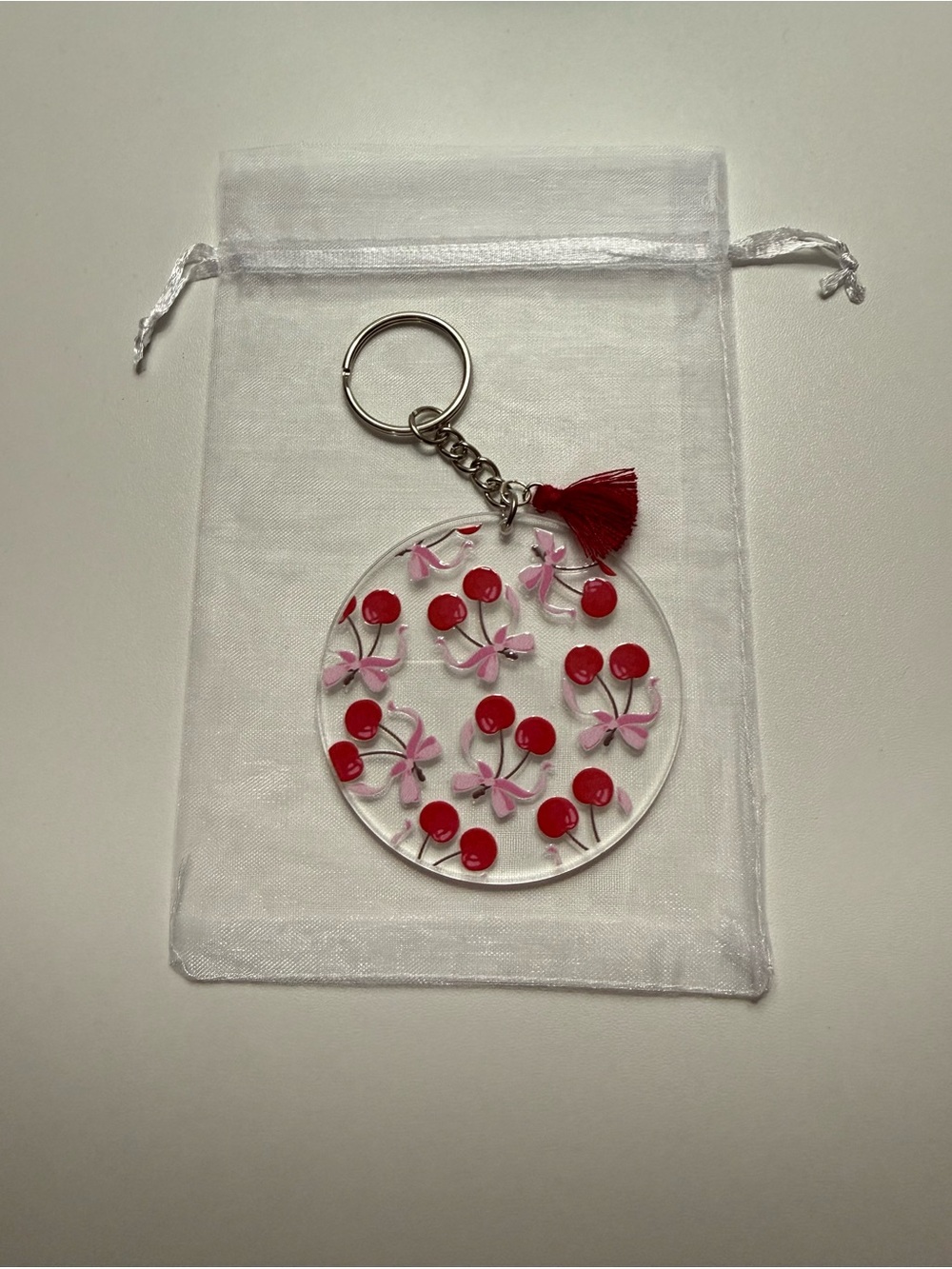Round Cherry Floral  Acrylic Keychain with Red Tassel
